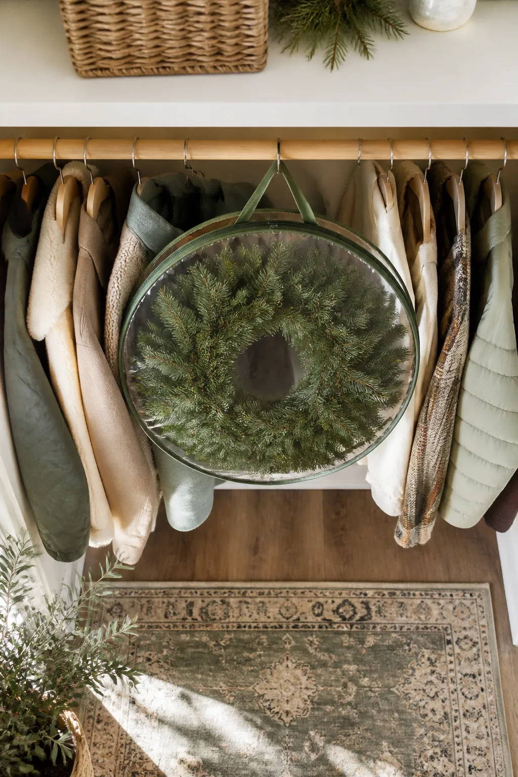 A clear round zippered wreath storage bag holding a green wreath, hanging by its handle from a closet rod among coats