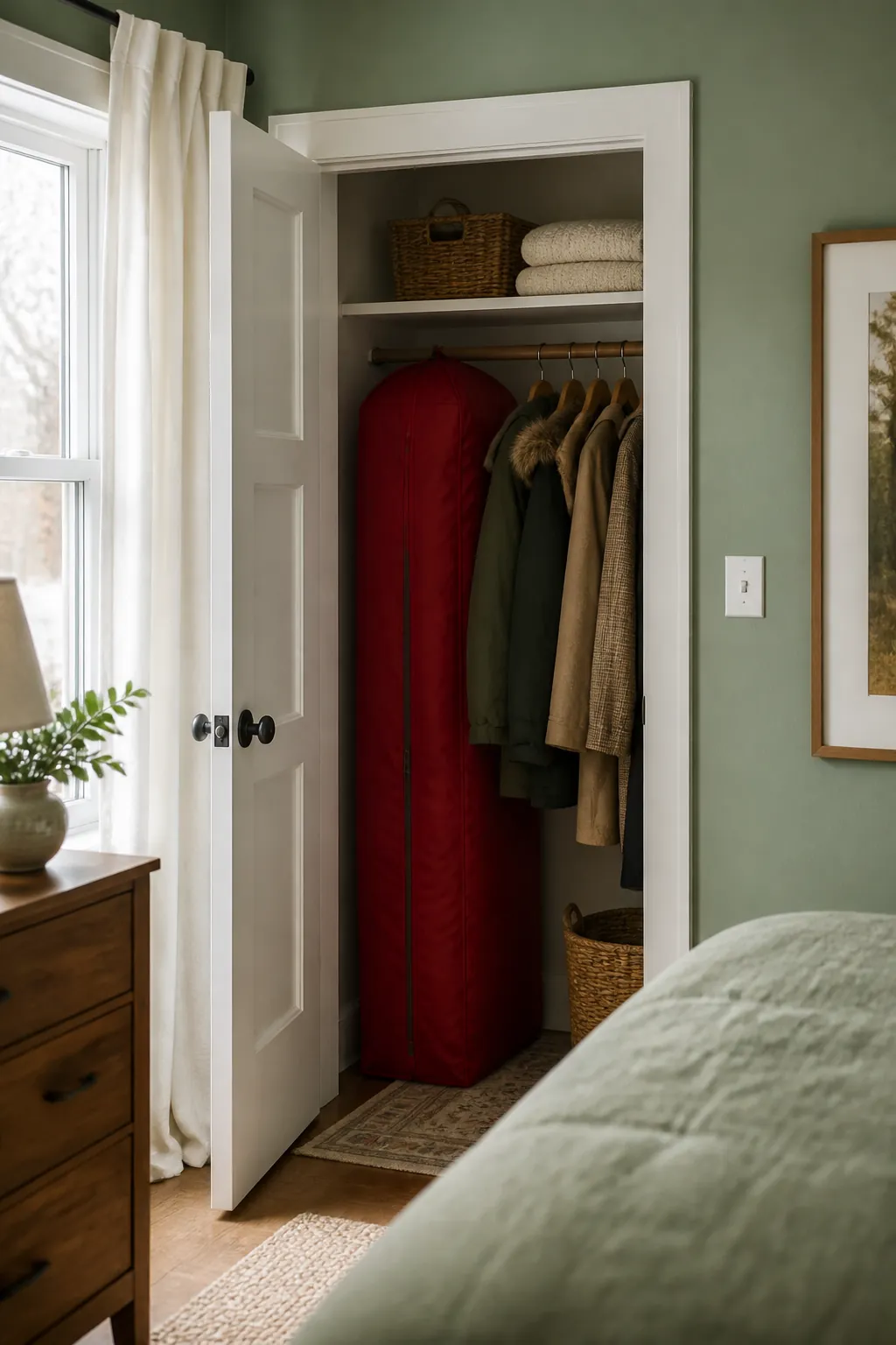 A tall red upright Christmas tree storage bag standing zipped in the corner of a bedroom closet beside hanging coats