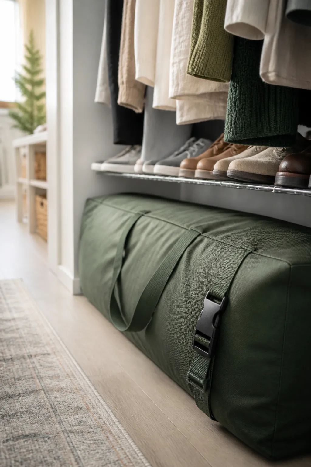 A green heavy-duty Christmas tree duffel bag lying along the floor of a closet beneath hanging clothes, shoes on a rack above it