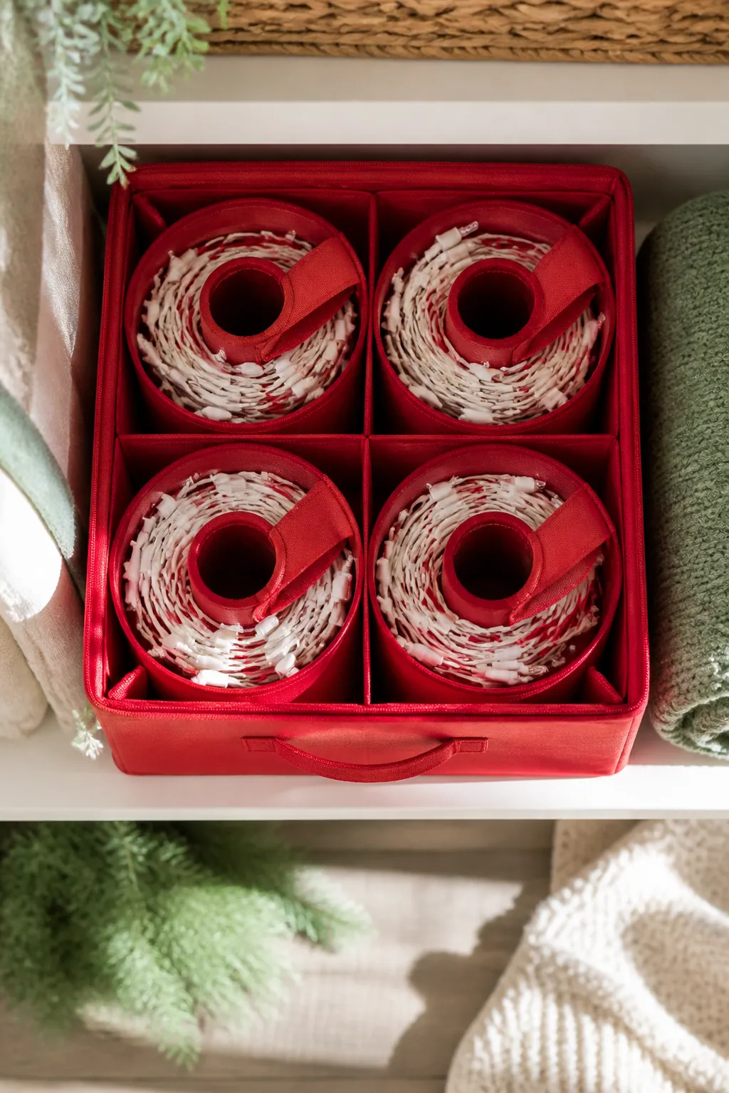 Four red fabric light storage reels each wound with a string of mini lights, stacked in an open storage box on a closet shelf