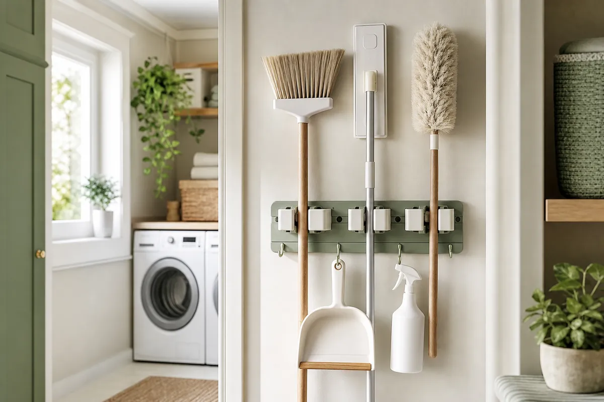 Wall-mounted broom holder gripping broom, mop and duster in a narrow utility closet, a key cleaning supplies organization fix