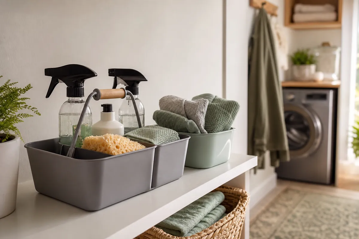 Divided cleaning caddy with handle stocked with sprays and cloths on a closet shelf for grab and go cleaning supplies organization