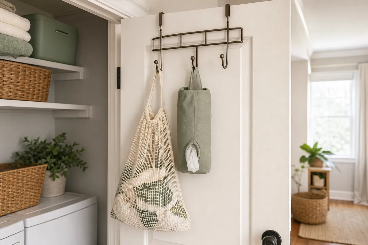 Over-the-door hooks on a utility closet door holding a mesh rag bag and bag dispenser for extra cleaning supplies organization