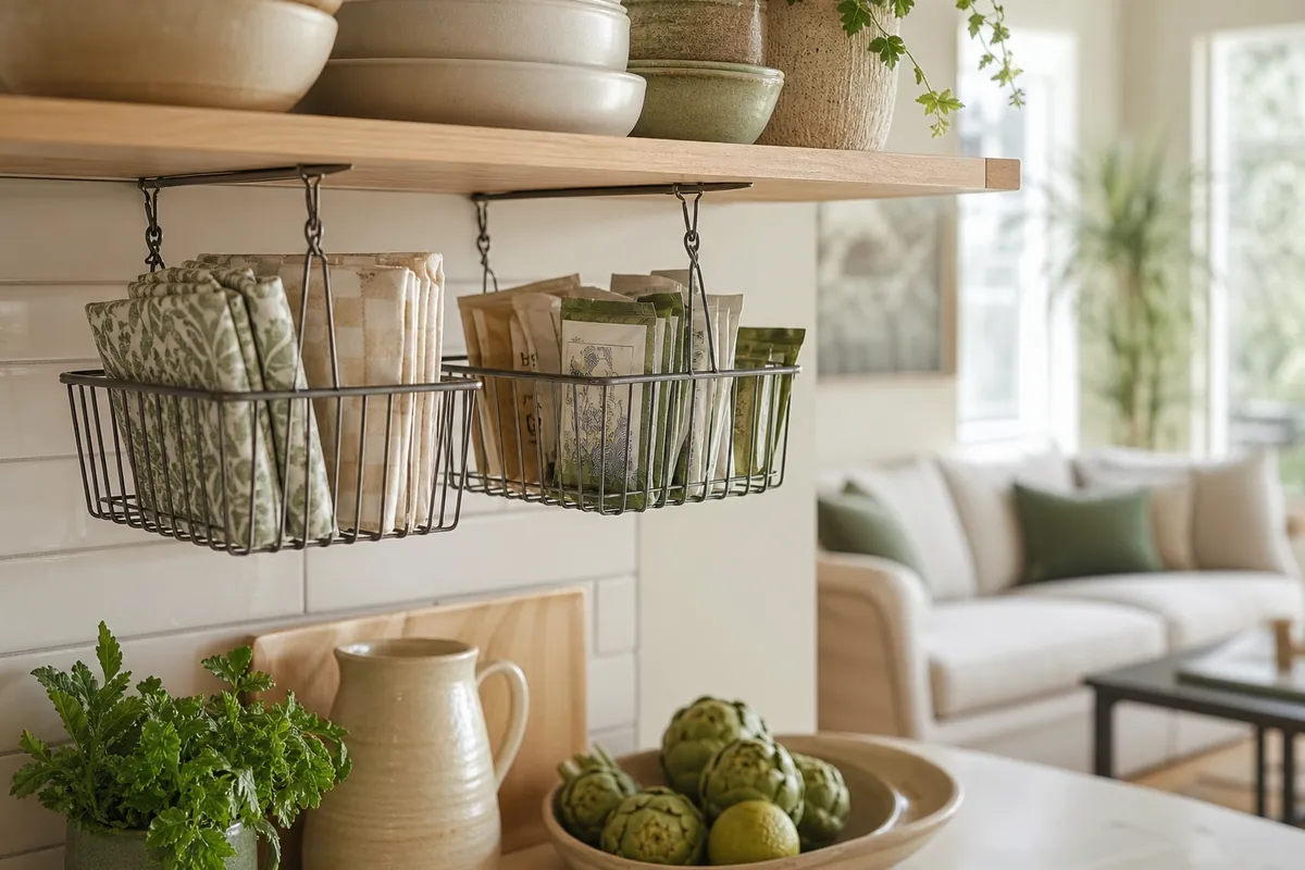 Under-shelf hanging baskets clipped beneath a kitchen shelf, holding wraps and small packets in space that was previously empty air
