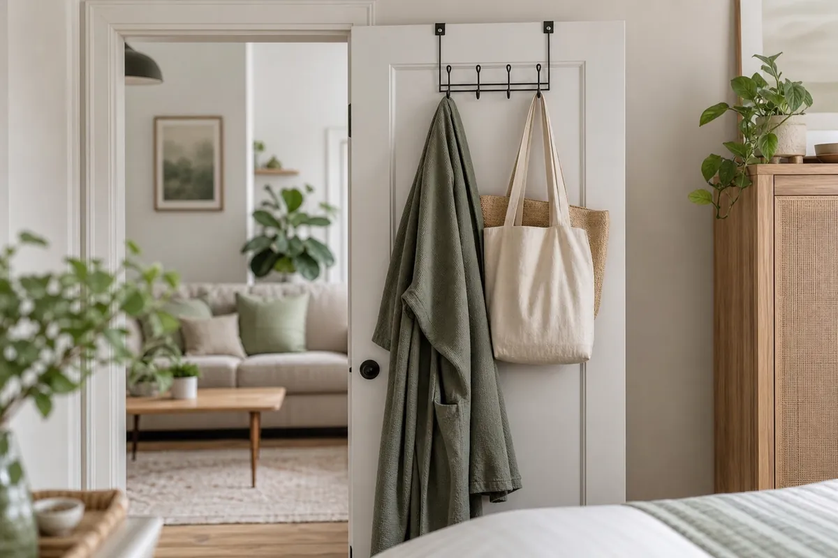 An over-the-door hook hanger on a bedroom door holding a dressing gown and two bags without touching the floor
