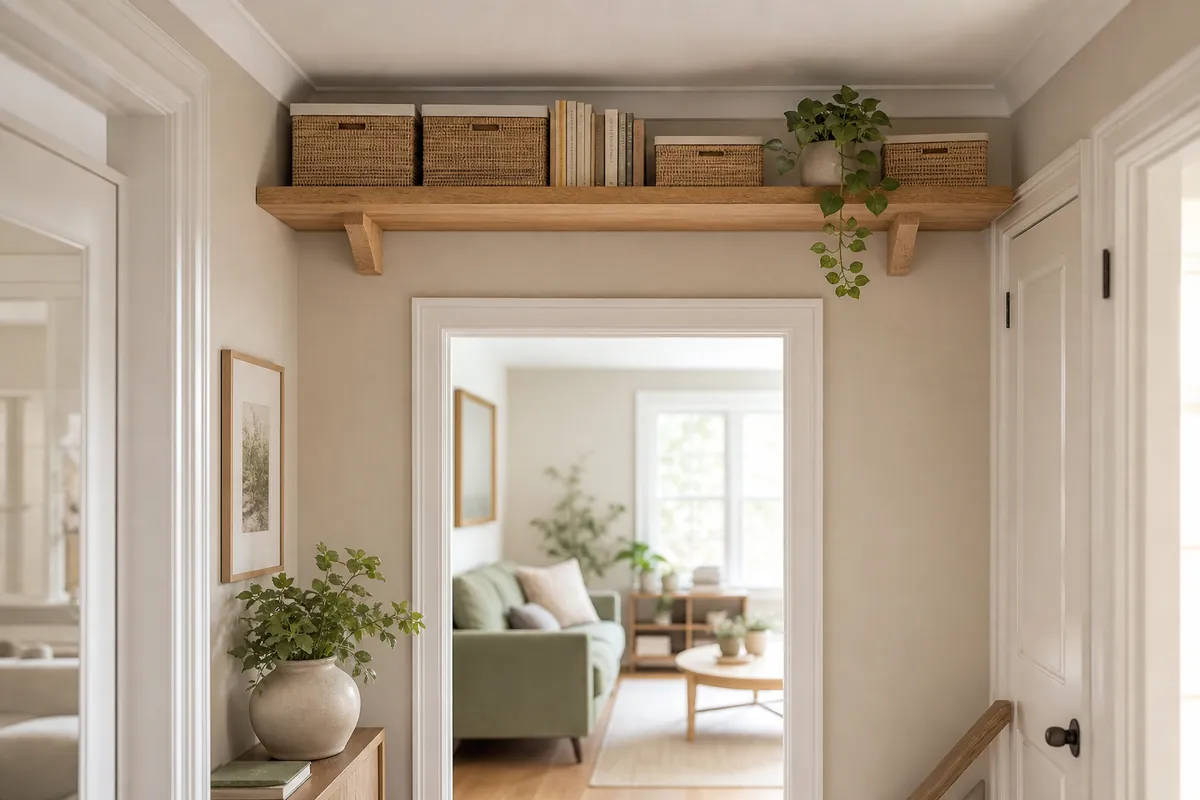 Floating shelves mounted high above a doorway holding boxes and books in the strip of wall usually left empty