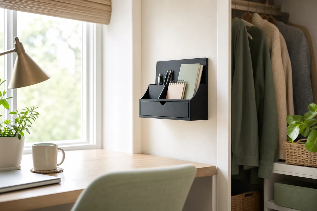 A wall-mounted desk organizer with a small drawer fixed to the side wall of a converted closet office, keeping pens and supplies off the desk surface