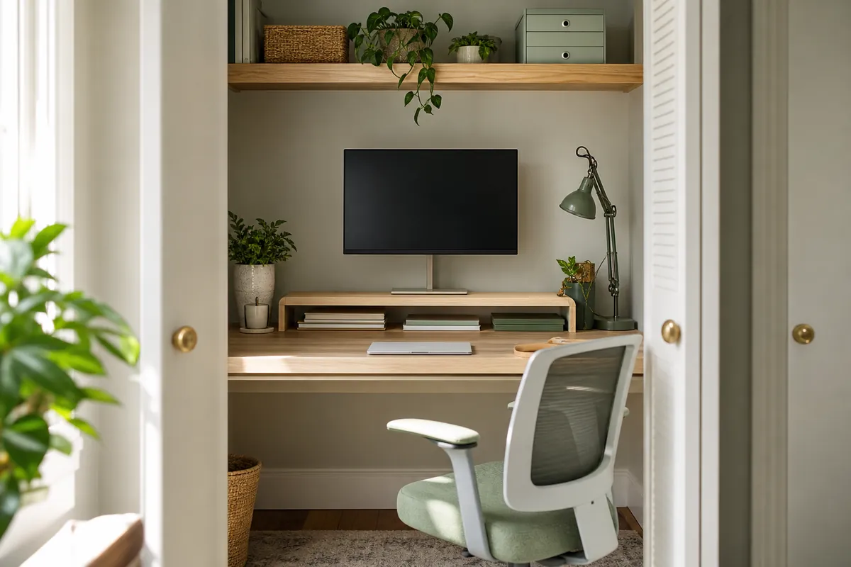 An adjustable wooden desktop shelf spanning the back of a closet desk, raising a monitor with reference items stored underneath