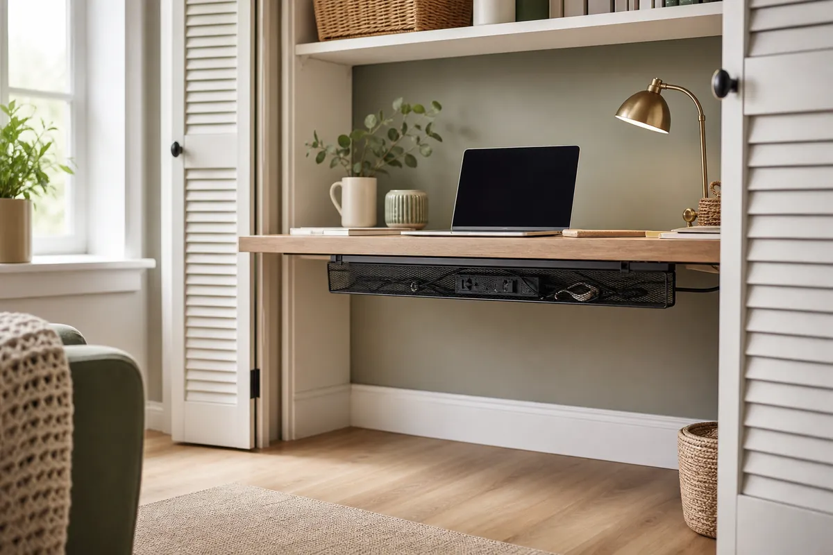 A no-drill cable tray clamped under a closet desk holding a power strip and slack cable off the closet floor