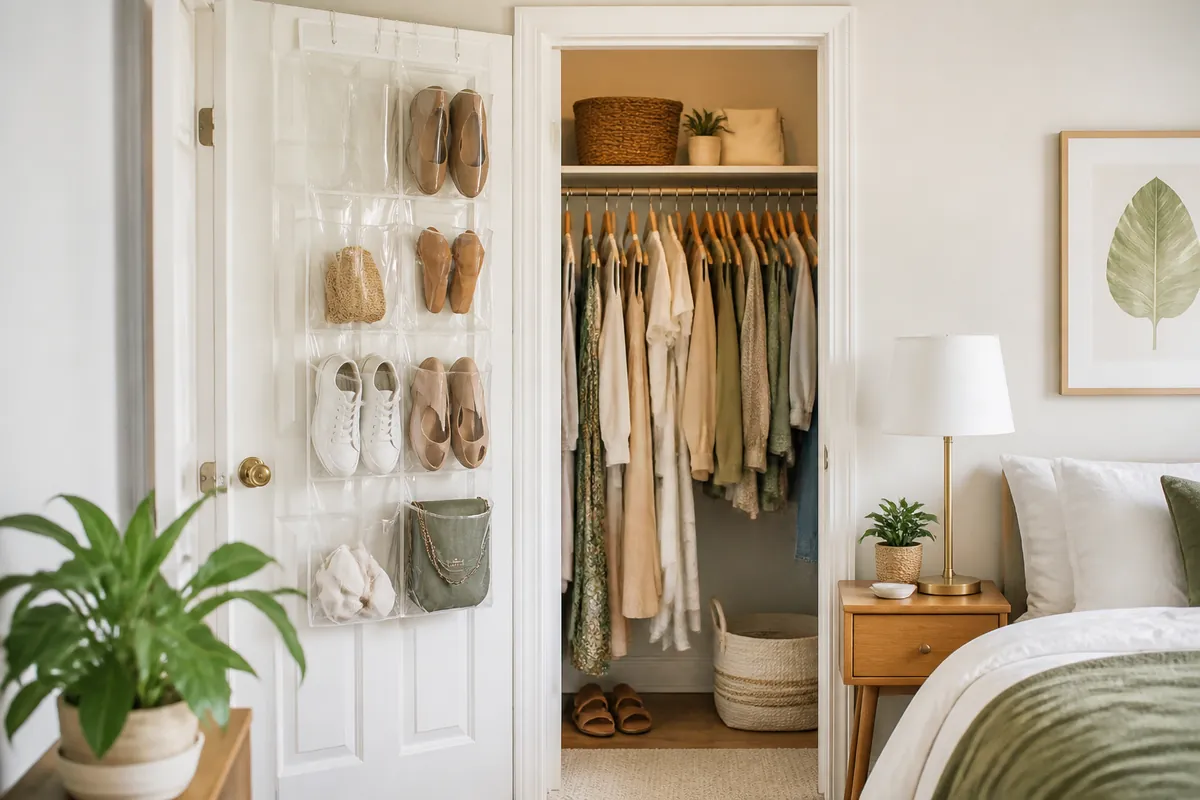 A clear-pocket over-the-door organizer on the back of a closet door holding shoes and accessories