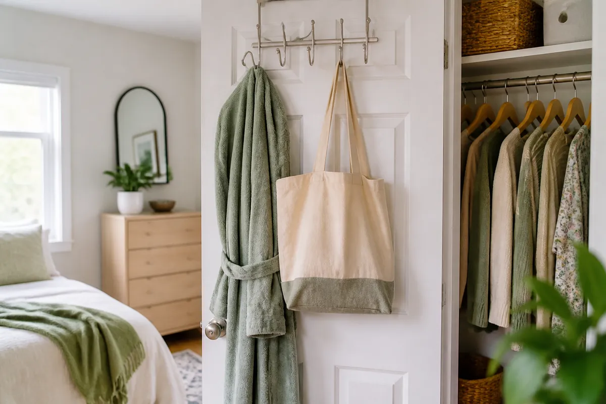 An over-the-door hook rack holding a robe and a tote bag on a closet door
