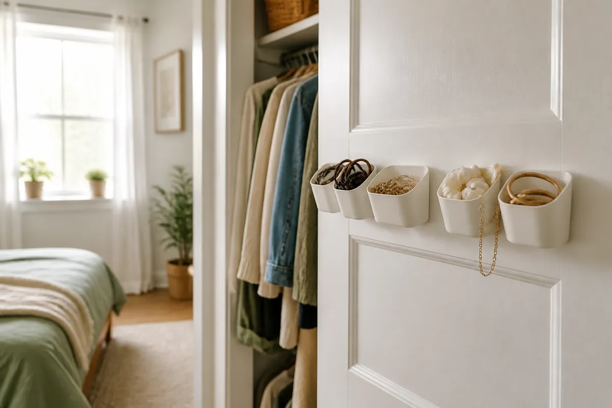 Small adhesive storage cups on the flat panel of a closet door holding hair ties and jewelry