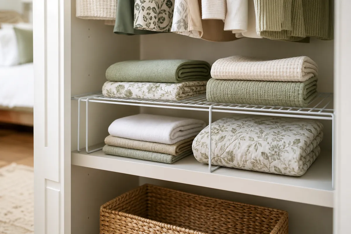 A closet shelf with a riser creating two shallow levels, folded linens stacked on each