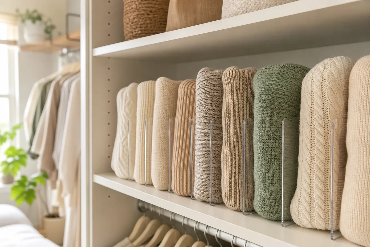 A closet shelf split into sections by clear dividers, each holding an upright row of folded jumpers