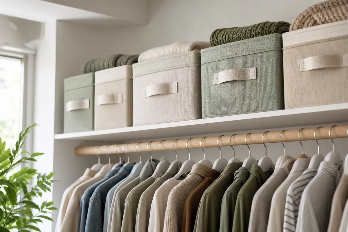 Labelled fabric bins with handles lined up on a high closet shelf, labels facing out