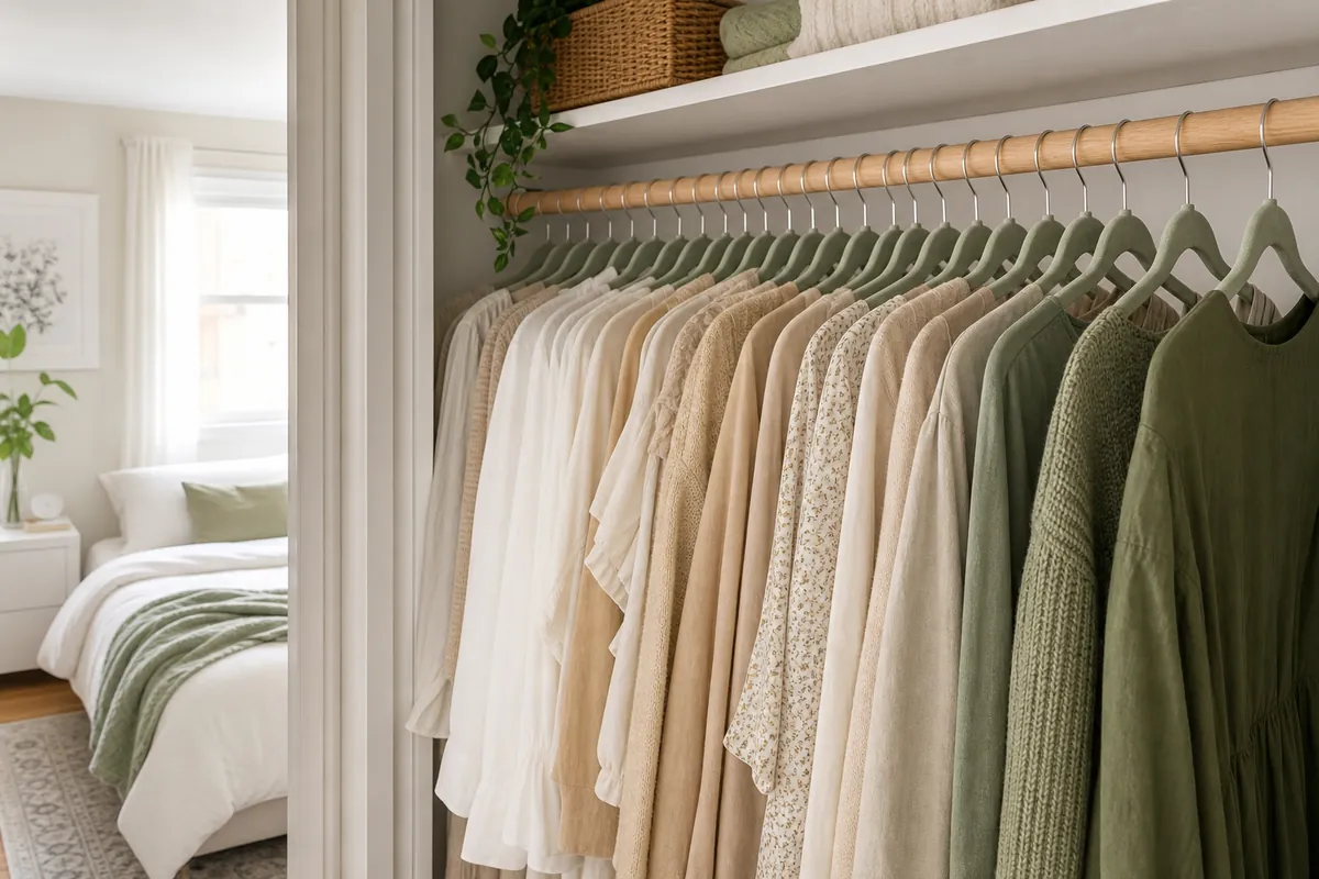A closet rail packed evenly with slim velvet hangers, garments sitting close together without bunching
