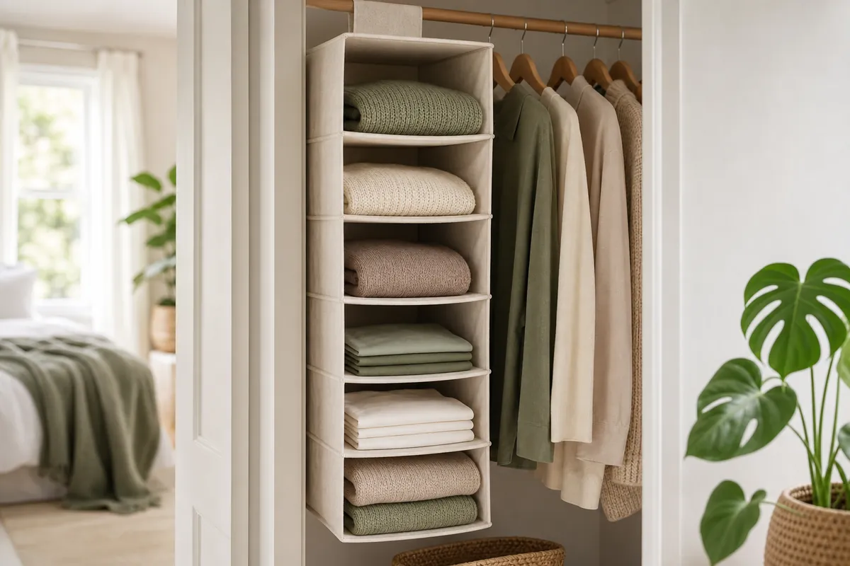 A six-shelf hanging organizer suspended from a closet rail, holding folded jumpers and t-shirts in tidy stacks
