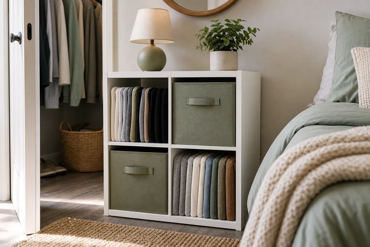 A four-cube fabric storage unit against a bedroom wall, some cubes holding folded clothes and others holding fabric bins