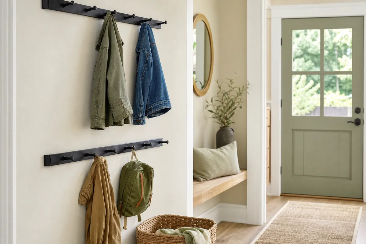 A wall-mounted metal coat rail with hooks beside a front door holding jackets, with a second lower rail at child height