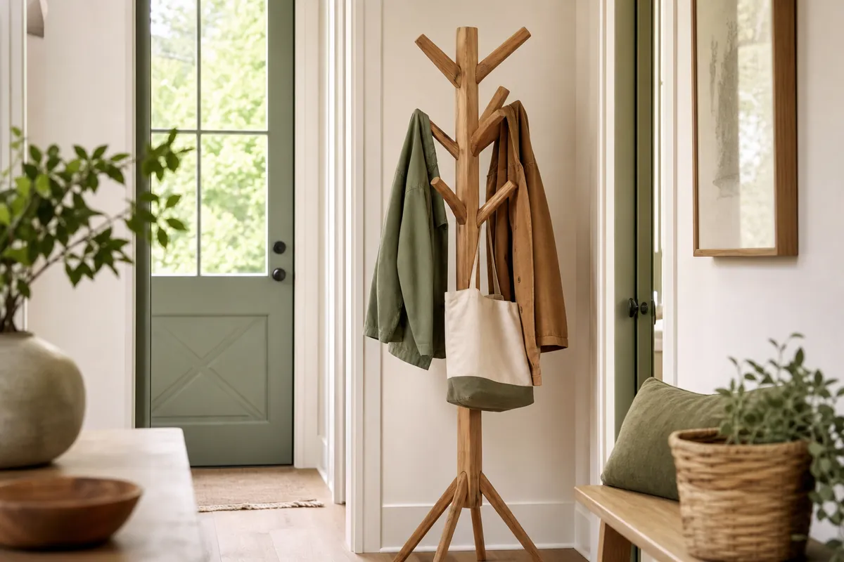 A wooden tree-shaped freestanding coat rack standing in the corner of a small entryway holding coats and a tote bag