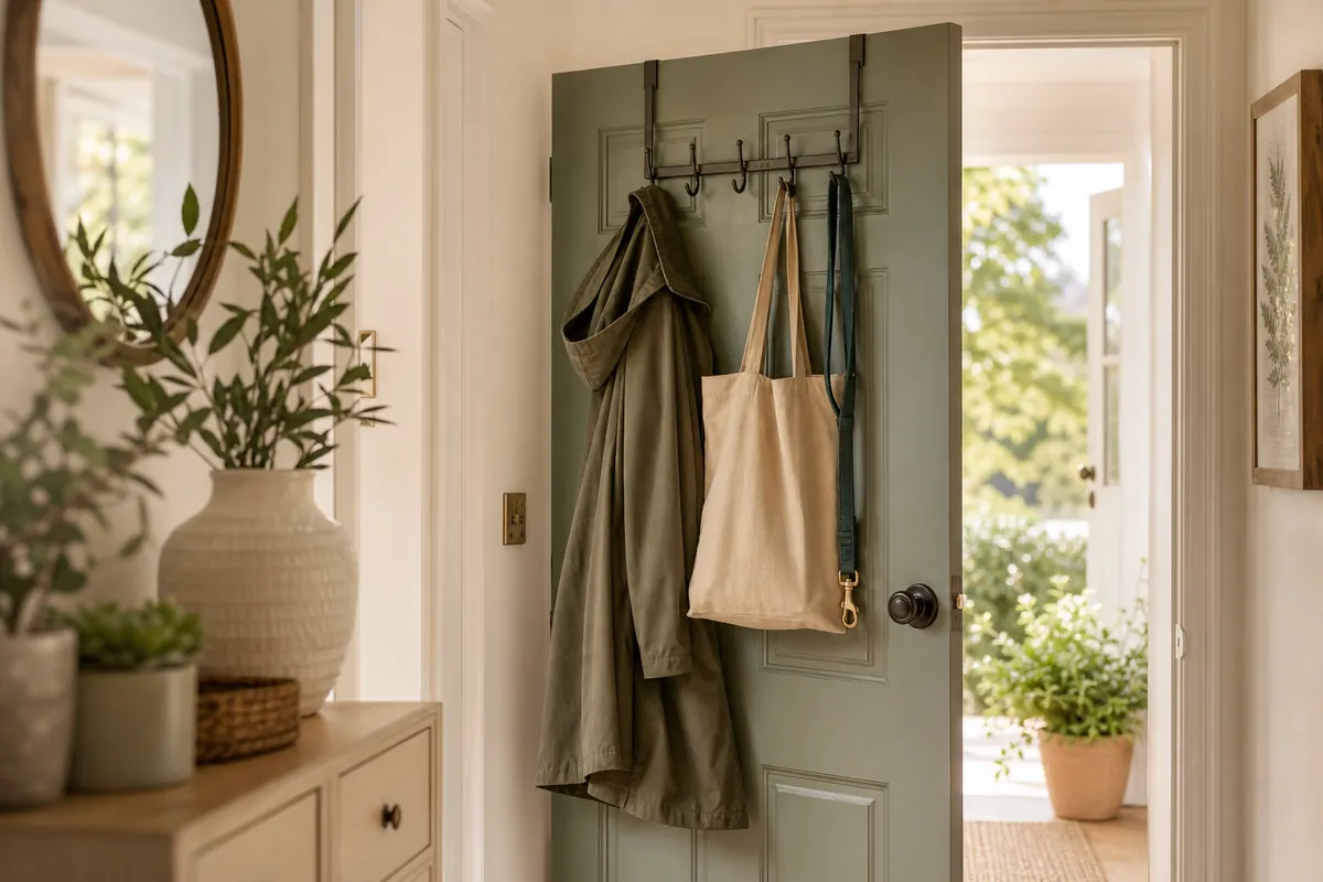 An over-the-door hook rack on the back of a front door holding a raincoat, a tote bag and a dog lead