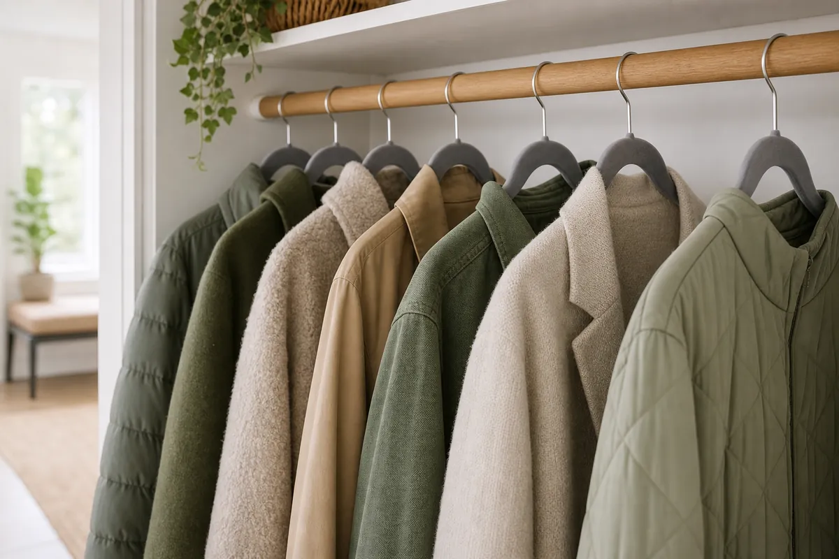 Coat closet organization with matching slim velvet hangers spacing neutral coats evenly along a white rod in a narrow hall closet