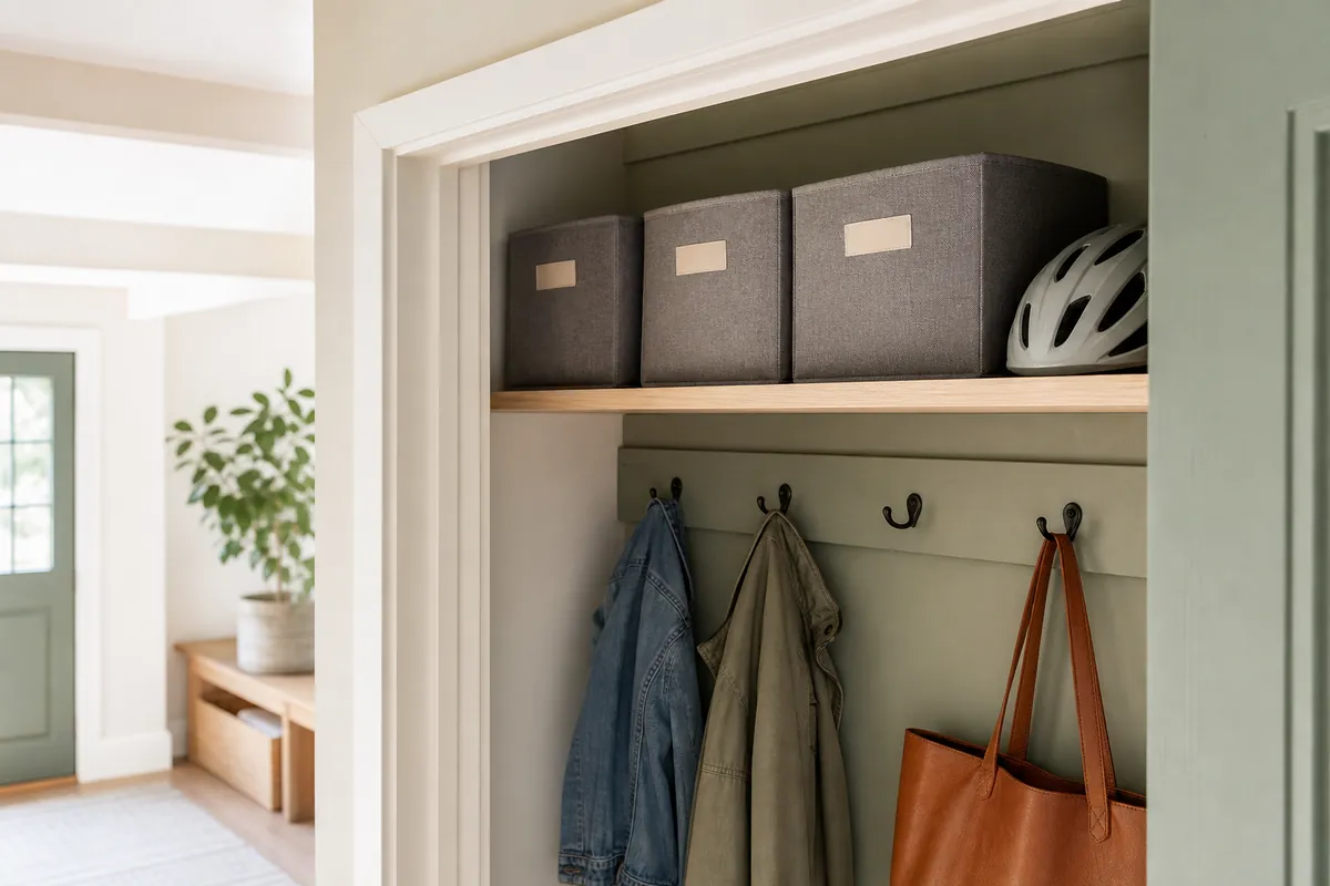 Labeled fabric shelf bins lined up on a coat closet top shelf, part of a simple coat closet organization system for hats and gloves