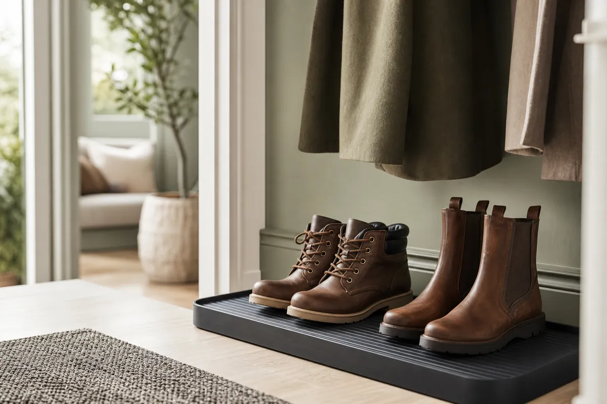 Black boot tray on a hall closet floor holding two pairs of boots, keeping coat closet organization tidy and protecting the floor