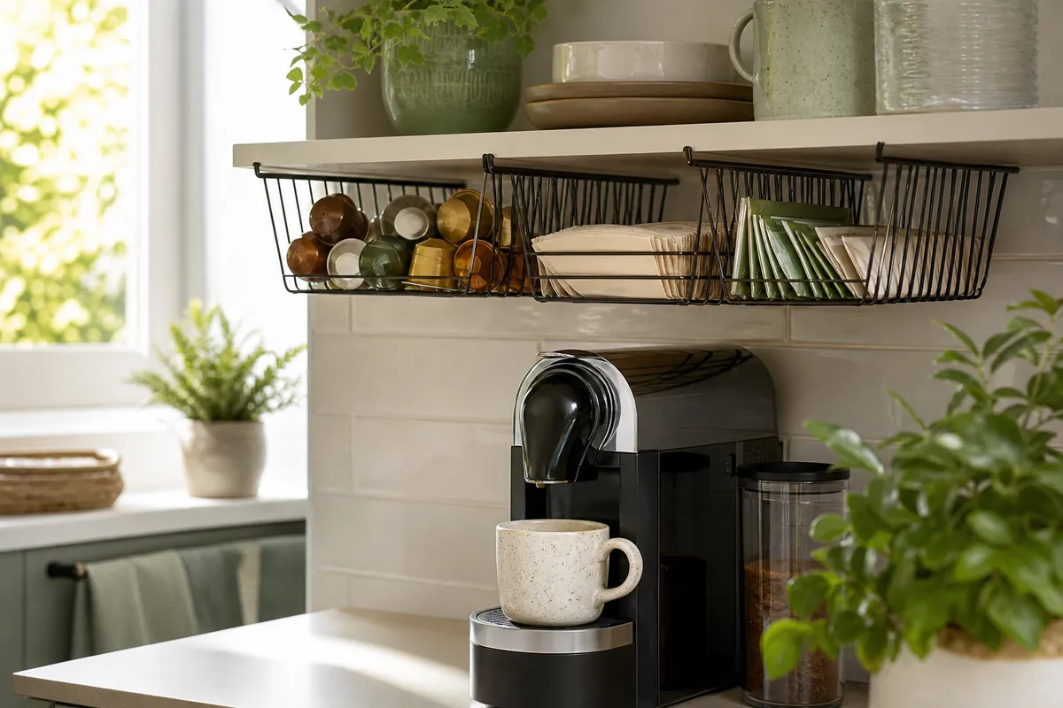 Wire under-shelf baskets hooked beneath a kitchen shelf above a coffee machine, holding pods and filters in the gap above the counter