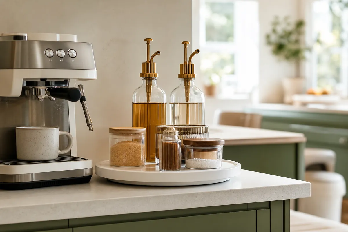 A round turntable behind a coffee machine holding syrup bottles and jars, with the back row rotated within reach