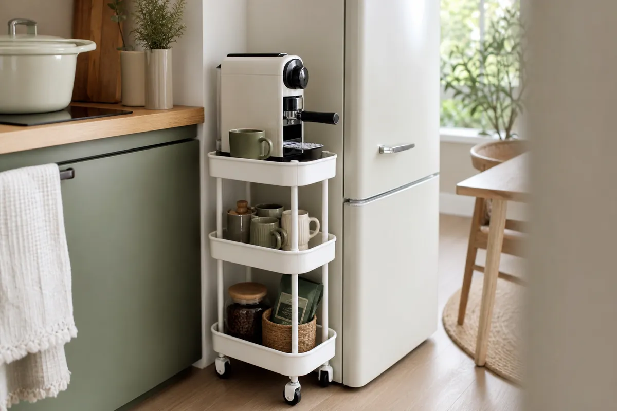 A narrow three tier rolling cart tucked into the gap beside a fridge, holding a coffee machine on top with mugs and supplies on the tiers below