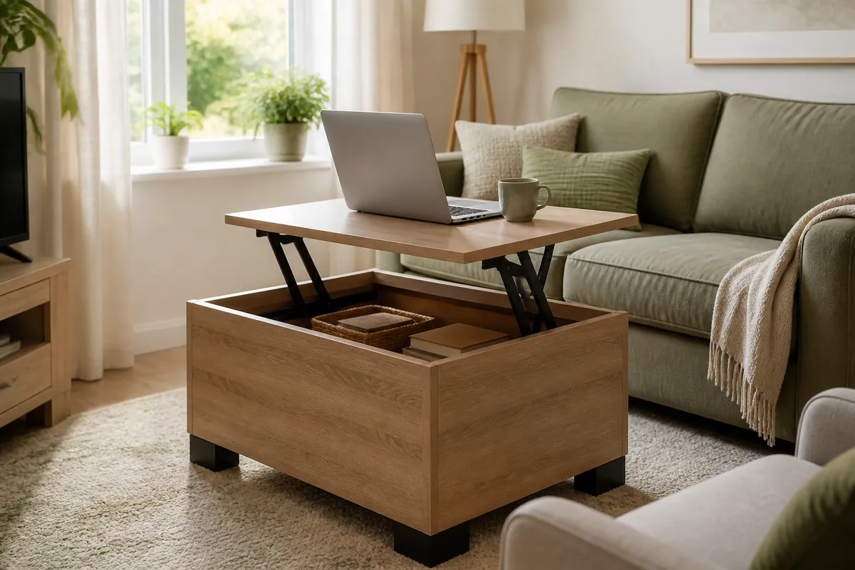A square lift-top coffee table with the top raised to working height in a small living room