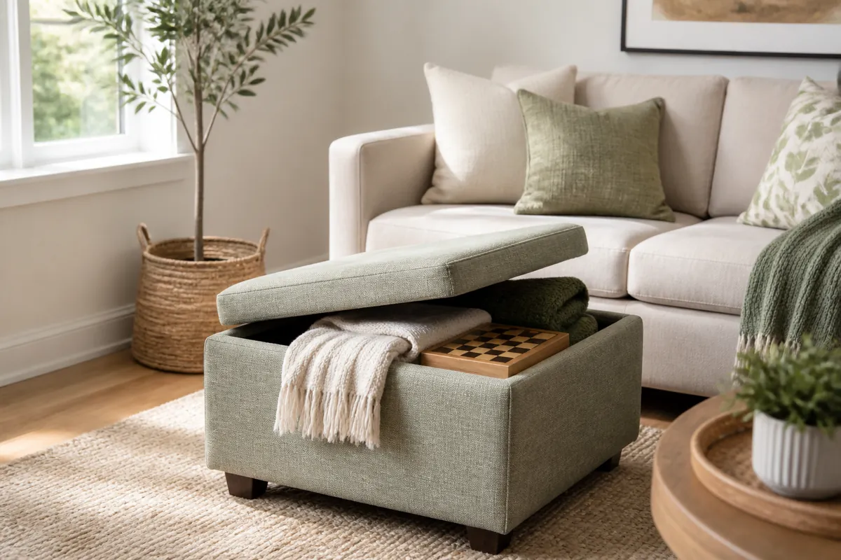 A fabric storage ottoman with the lid open showing folded throws and a board game inside
