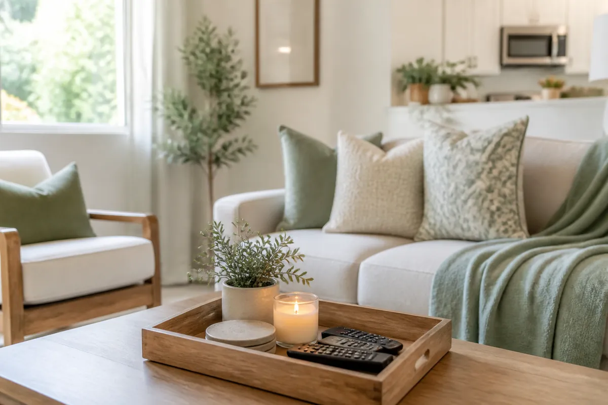 A wooden tray on a coffee table holding remotes, coasters and a candle grouped inside its edge