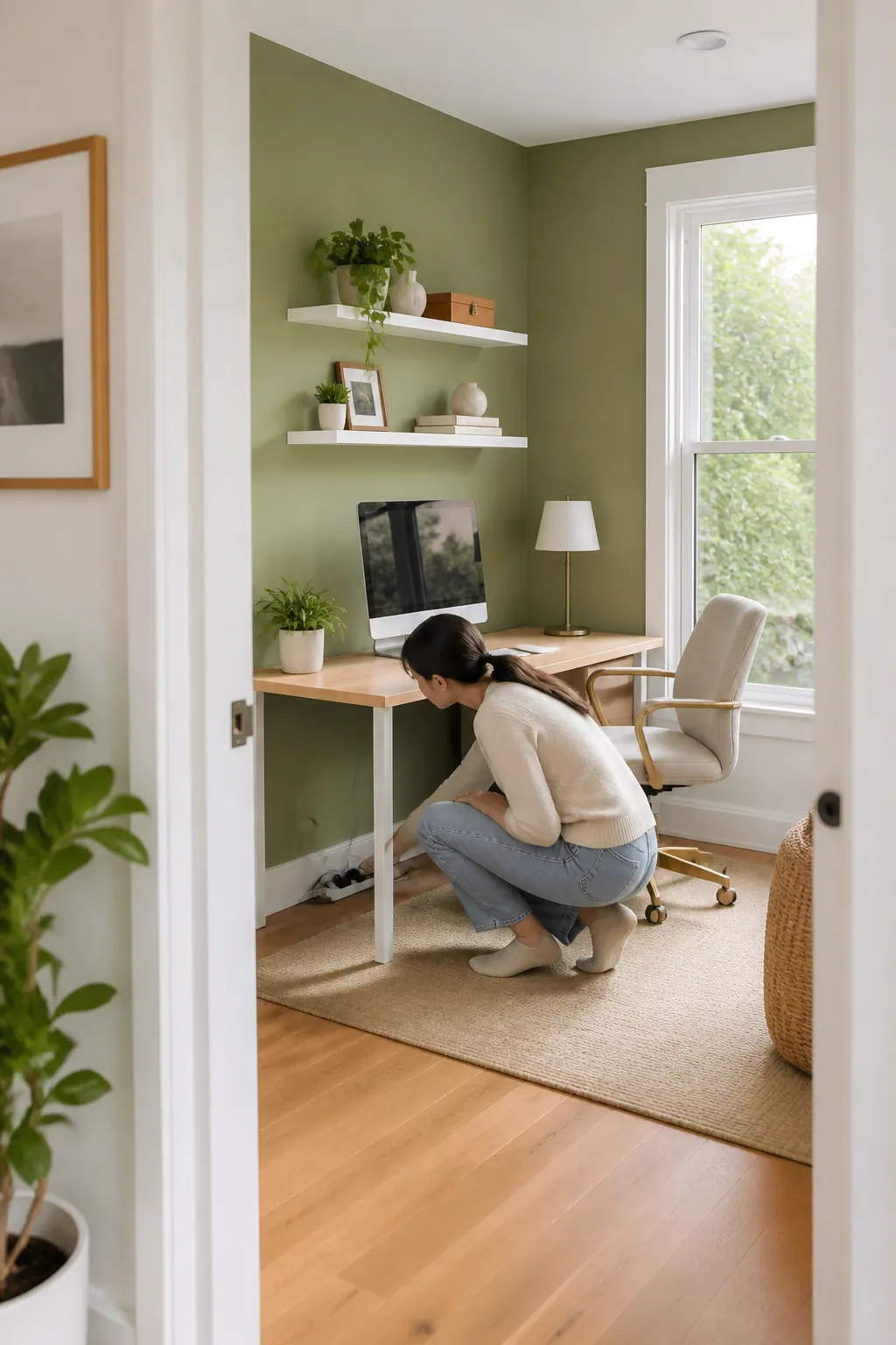 A tangle of cords and a power strip visible underneath a small desk pulled slightly away from the wall.