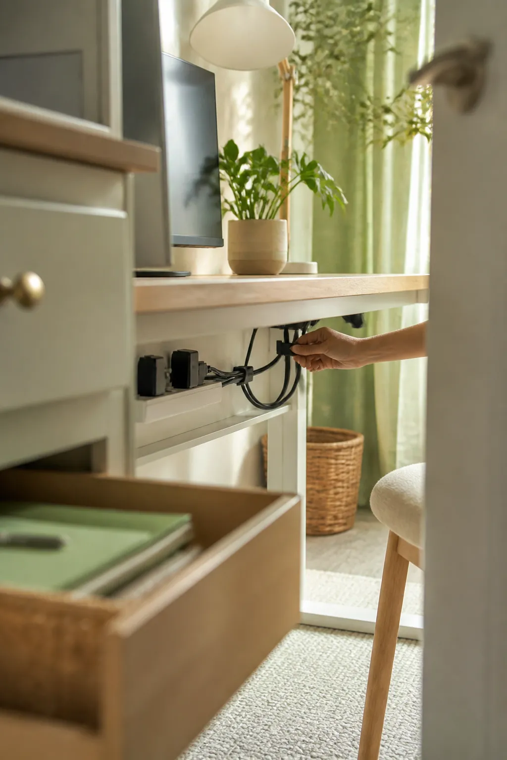 A hand re-clipping a loose cord beneath a desk, checking the setup during a monthly cord reset.