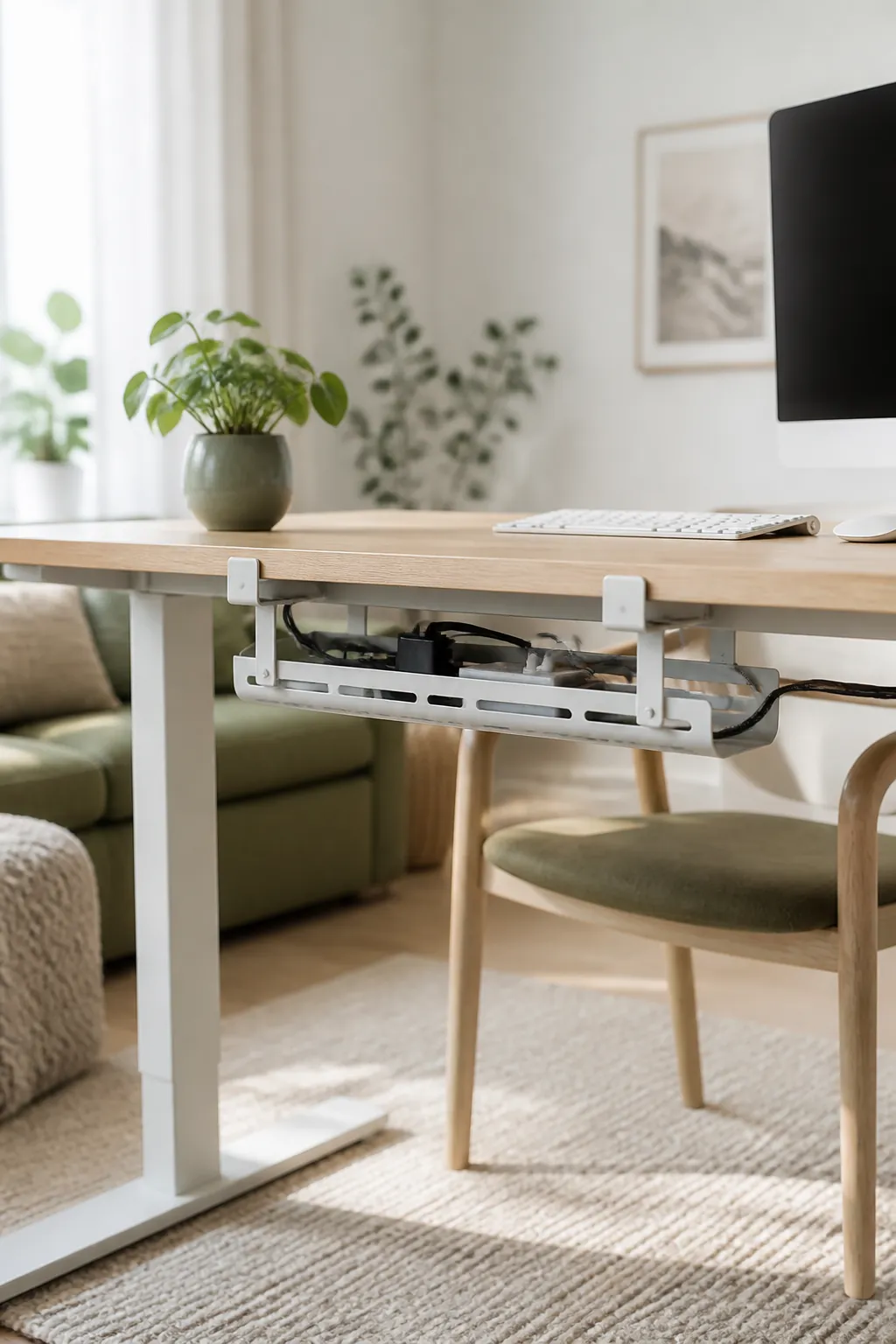 An under-desk cable tray clamped beneath a desktop, carrying a bundled power strip and several cords.