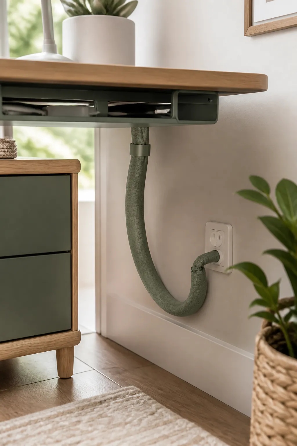 A neoprene cord sleeve bundling several cables together between an under-desk tray and a wall outlet.