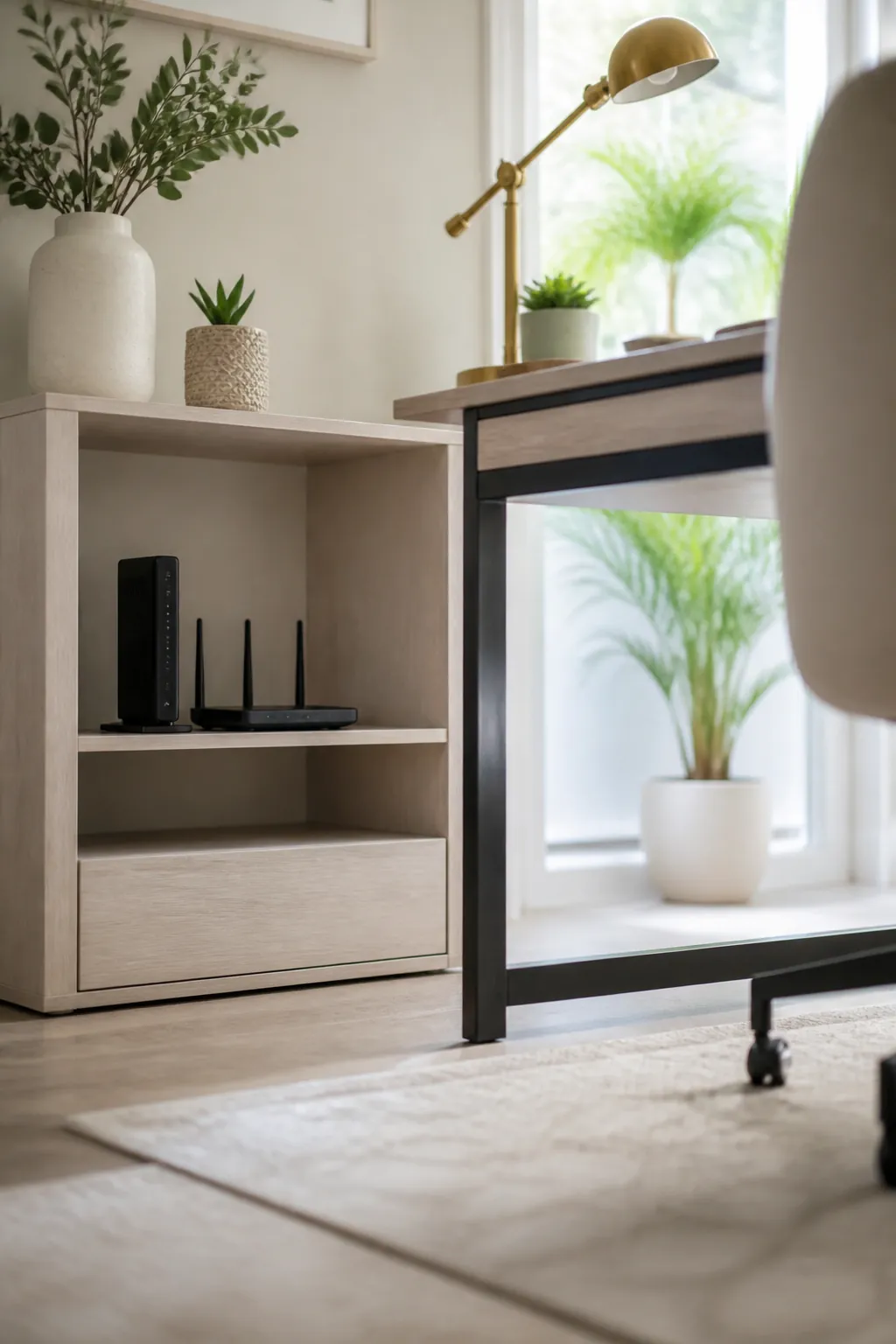 A router and modem on an open shelf beside a desk with clear space on every side.