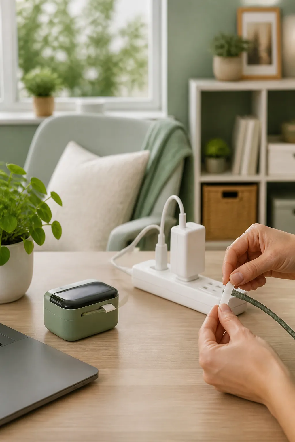 A hand applying a small wraparound label to a cord near a power strip beside a label maker.