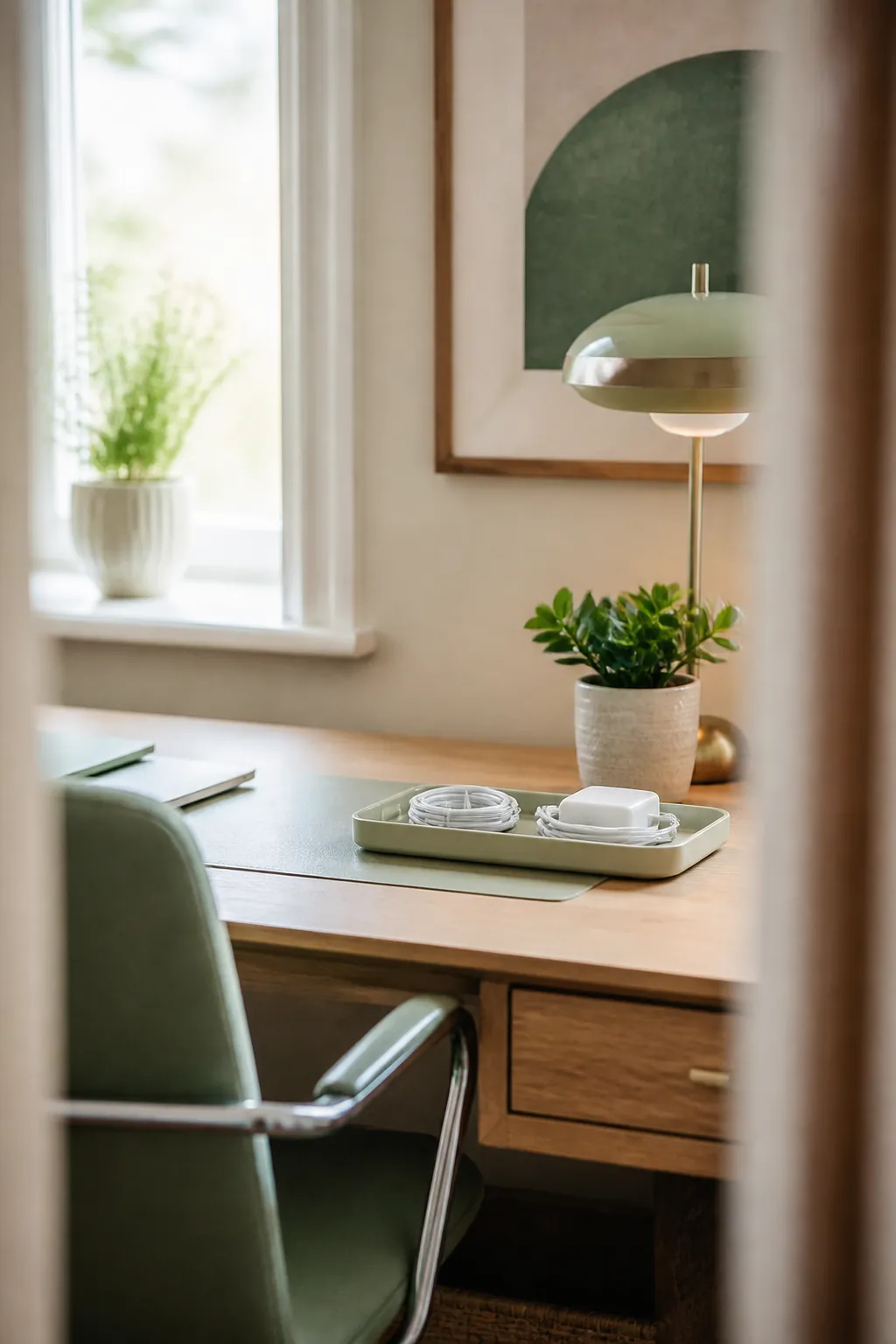 A small tray on a desk holding a loosely coiled phone charger and laptop charger cable.