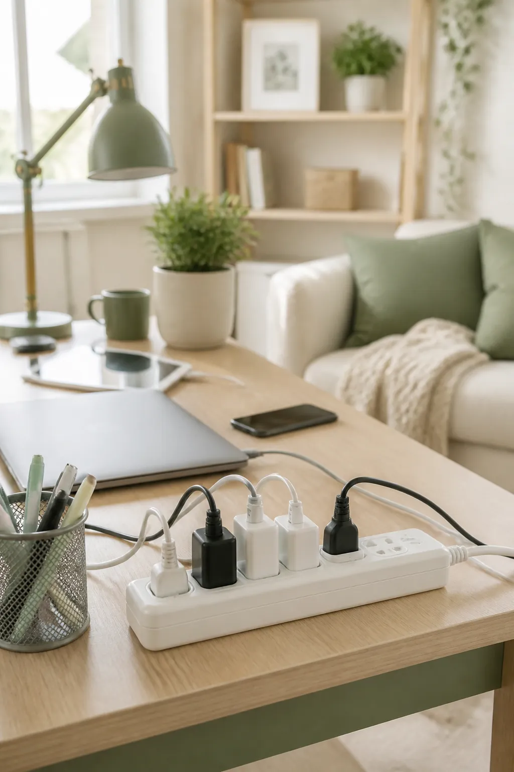 A power strip with several devices plugged in, its amperage rating printed on the side label.