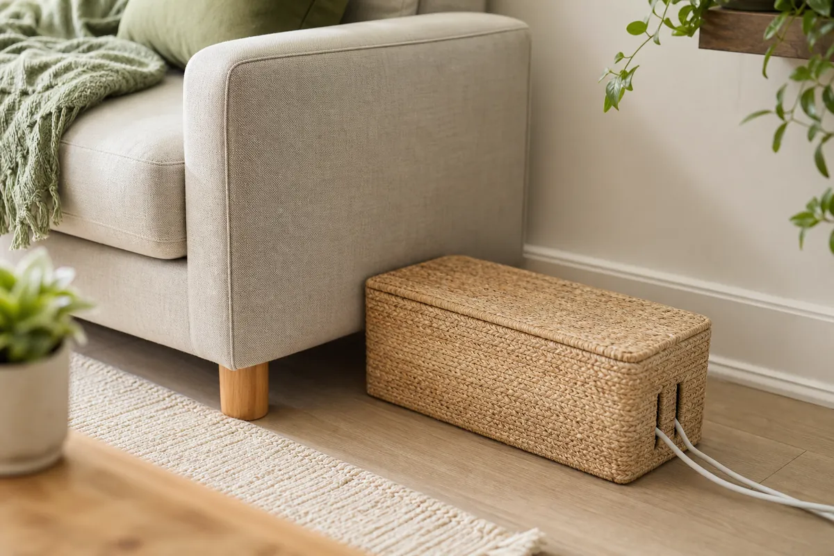 Cable management box hiding a power strip beside a sofa, turning a tangle of cords into one clean object in a small living room