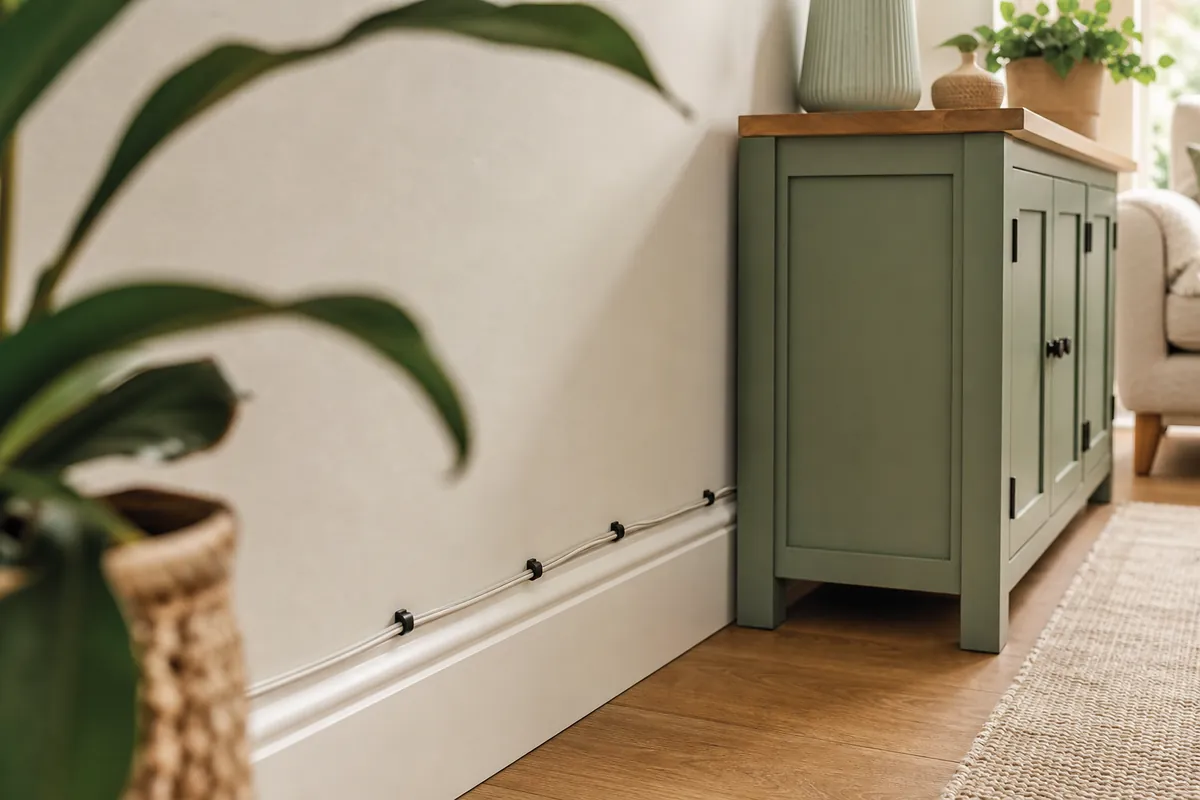 Adhesive cable clips running cords along a skirting board so wires follow the architecture instead of crossing open wall