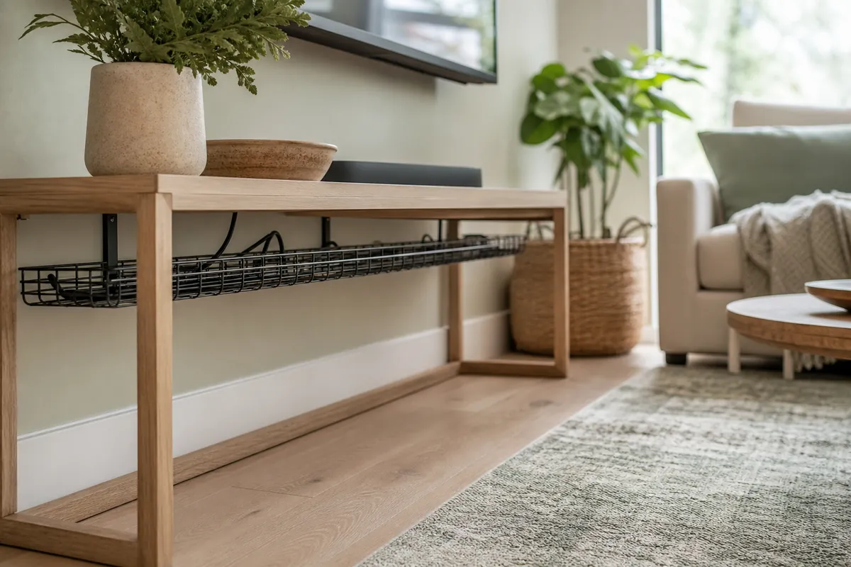 Under-desk cable tray carrying cords beneath a console table, keeping the run off the floor in a small living room