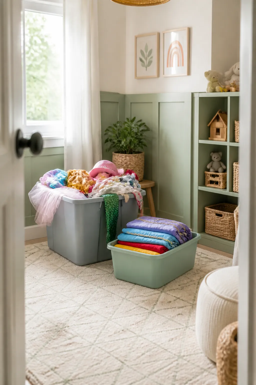 A small bin holding four folded costumes sits beside an overflowing tote of tangled, unsorted dress-up clothes.