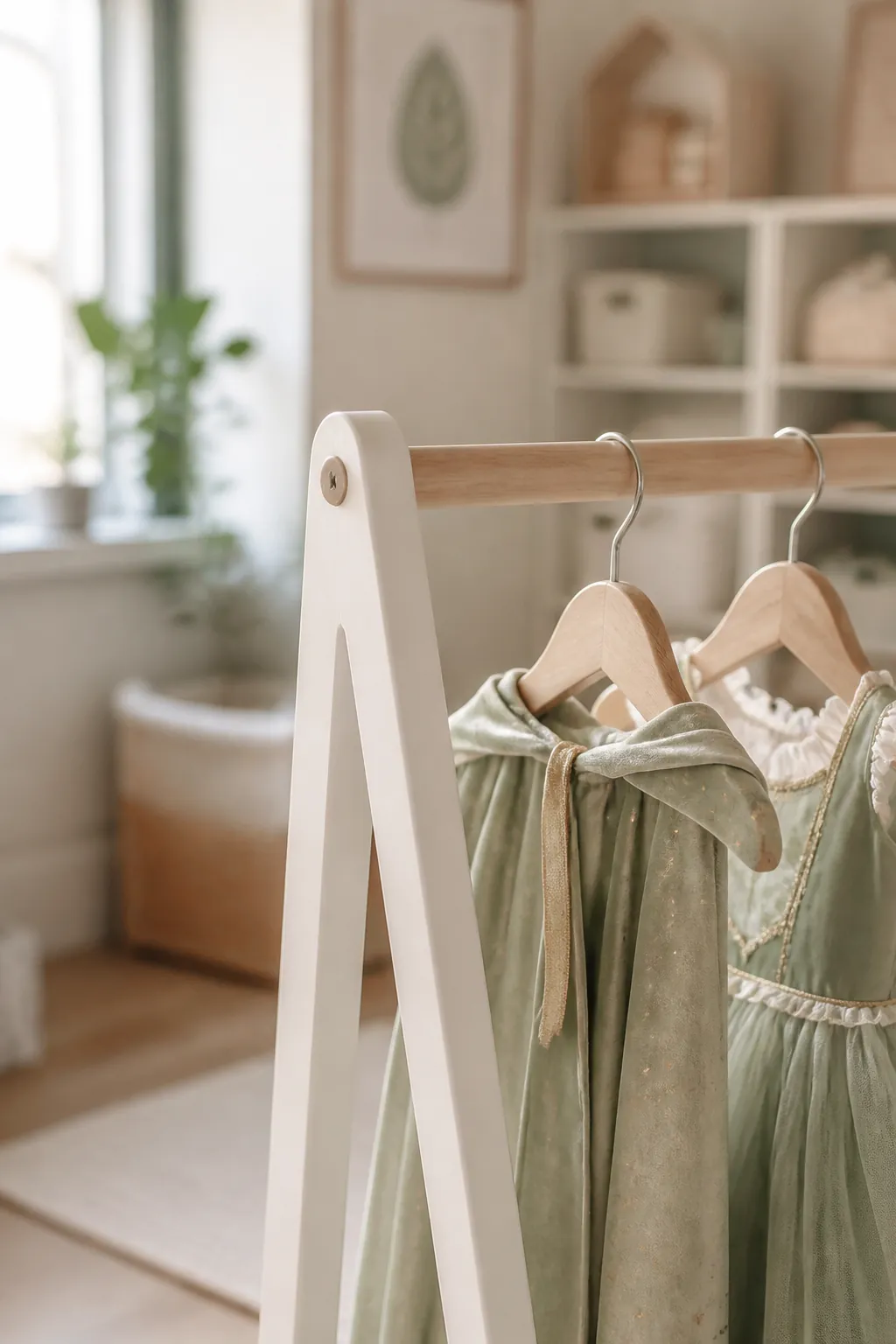 A freestanding garment rack holds a cape and a dress on hangers, hung low enough for a child to reach.