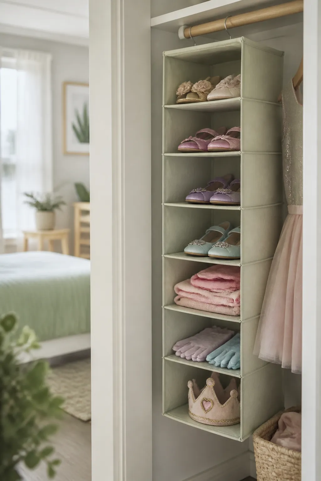 A hanging shelf organizer holds princess shoes, gloves, and a plush crown sorted into separate square compartments.