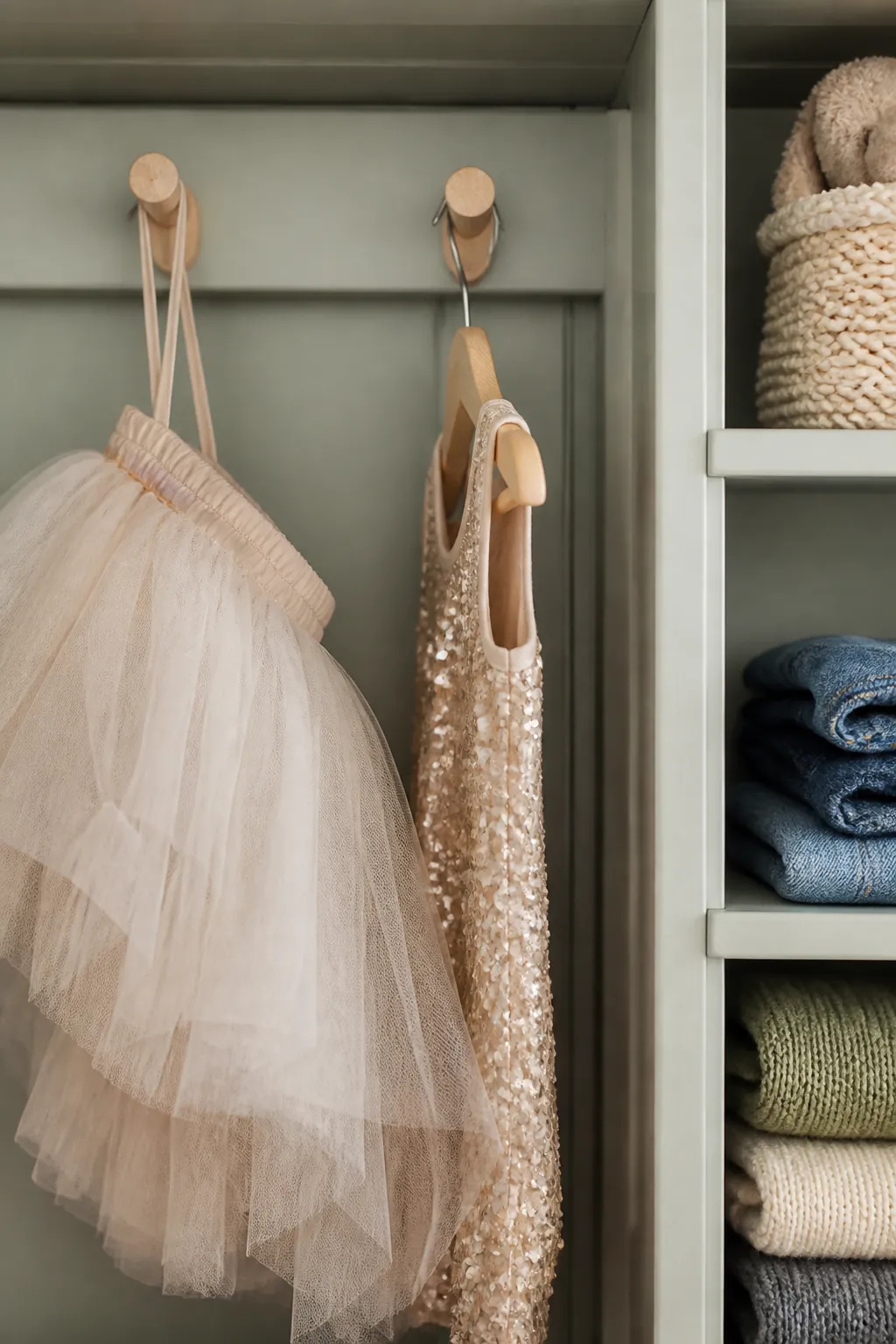 A tulle tutu and a sequined costume hang on separate hooks, kept away from folded denim and wool nearby.
