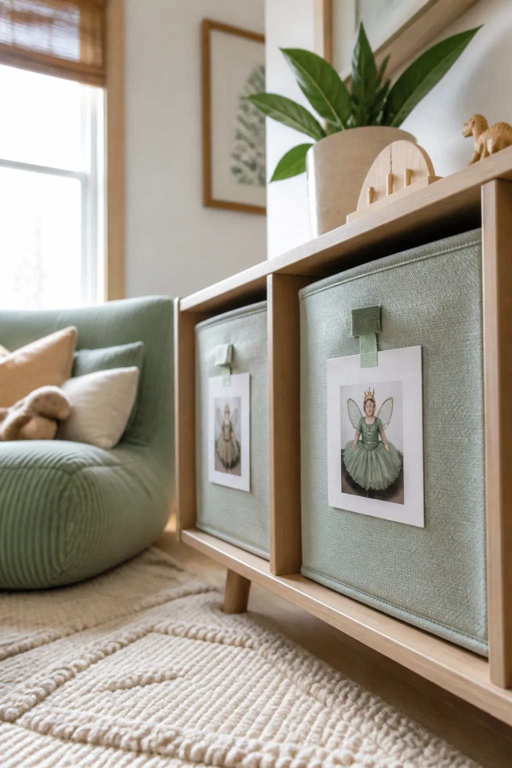 A fabric storage bin has a small photo of its costume taped to the front, sitting on a low shelf.